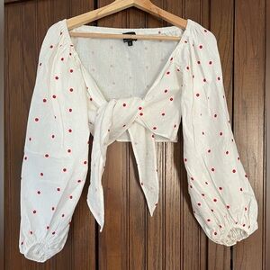 Linen polka dot long-sleeve crop with balloon sleeves